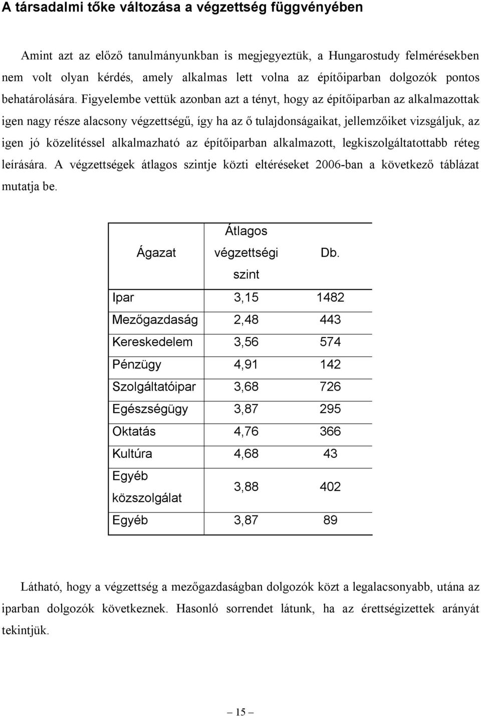 Figyelembe vettük azonban azt a tényt, hogy az építőiparban az alkalmazottak igen nagy része alacsony végzettségű, így ha az ő tulajdonságaikat, jellemzőiket vizsgáljuk, az igen jó közelítéssel