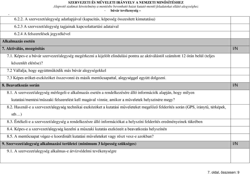 Képes-e a búvár szervezet/alegység megérkezni a kijelölt elindulási pontra az aktiválástól számított 12 órán belül (teljes készenlét elérése)? 7.