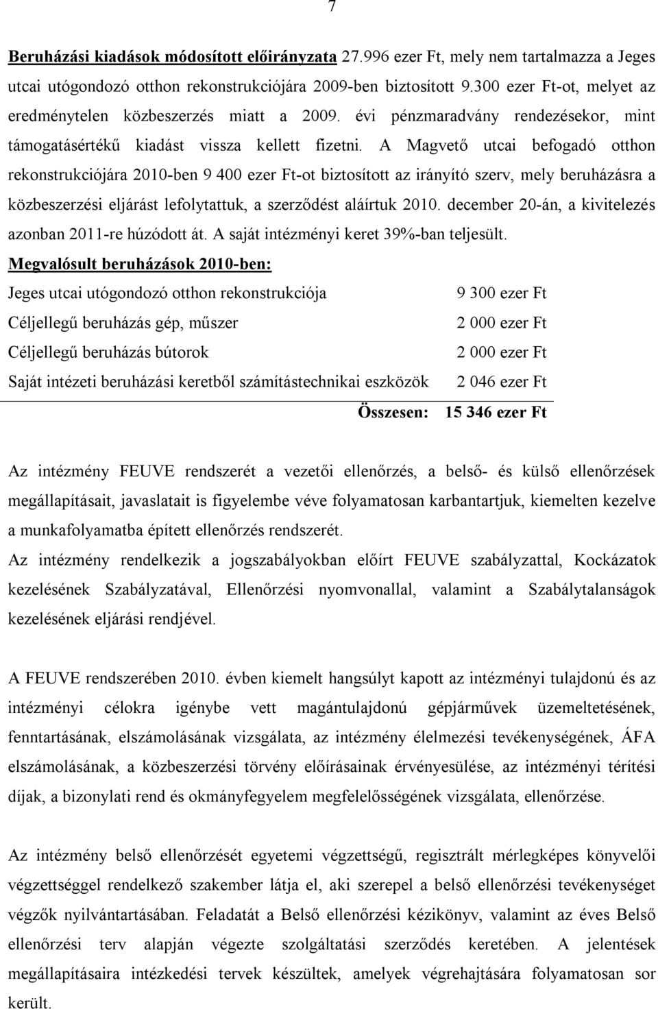 A Magvető utcai befogadó otthon rekonstrukciójára 2010-ben 9 400 ezer Ft-ot biztosított az irányító szerv, mely beruházásra a közbeszerzési eljárást lefolytattuk, a szerződést aláírtuk 2010.