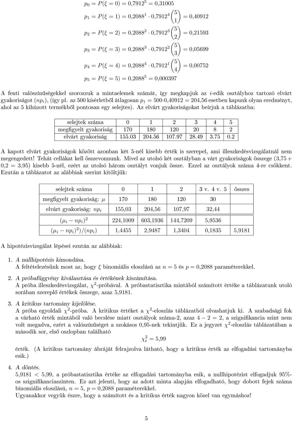 az 500 kísérletb l átlagosan p 1 = 500 0,4091 = 04,56 esetben kapunk olyan eredményt, ahol az 5 kihúzott termékb l pontosan egy selejtes).