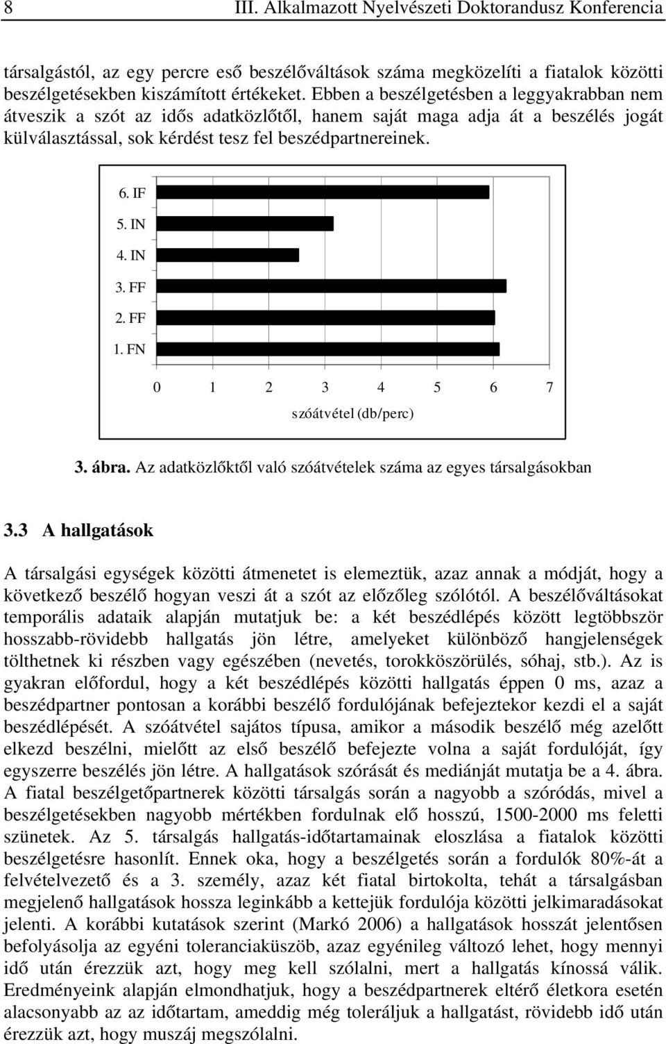 IN 3. FF 2. FF 1. FN 0 1 2 3 4 5 6 7 szóátvétel (db/perc) 3. ábra. Az adatközlőktől való szóátvételek száma az egyes társalgásokban 3.
