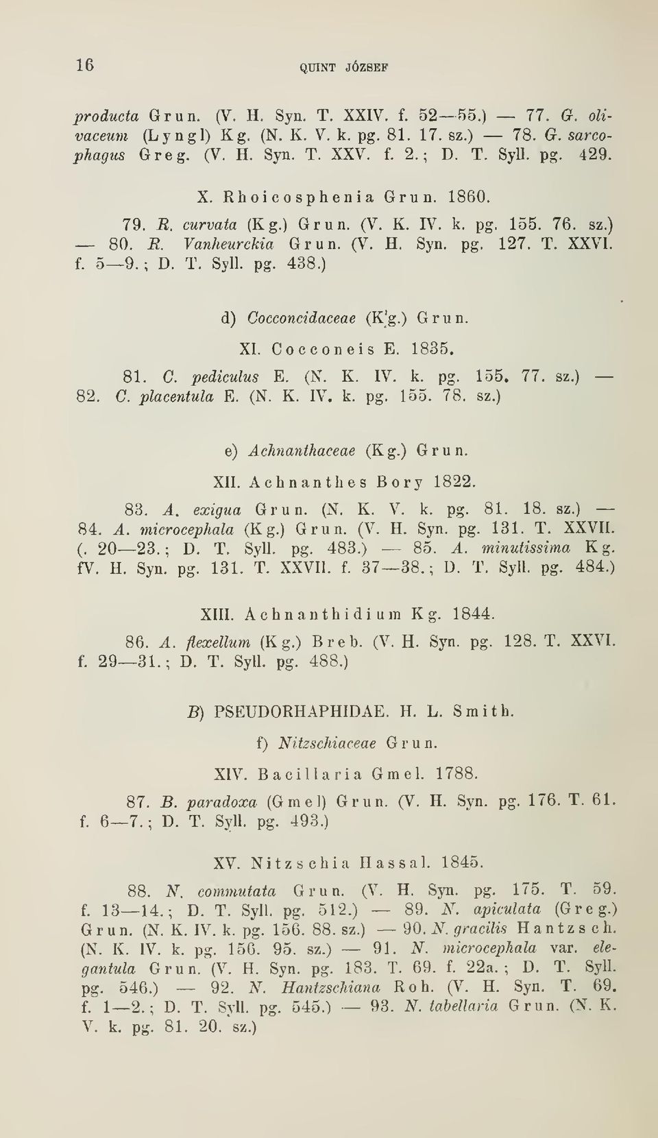 1835. 81. C. pediculus E. (N. K. IV. k. pg. 155. 77. sz.) 82. C. placentula E. (N. K. IV. k. pg. 155. 78. sz.) e) Achnanthaceae (Kg.) Grun. XII. Achnanthes Bory 1822. 83. A. exigua Grun. (N. K. V. k. pg. 81. 18. sz.) 84.