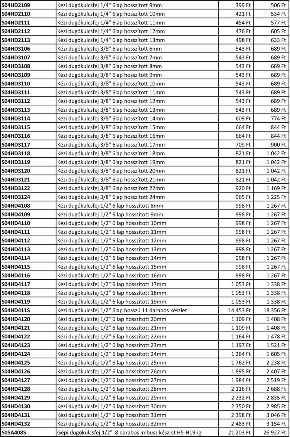 689 Ft S04HD3107 Kézi dugókulcsfej 3/8" 6lap hosszított 7mm 543 Ft 689 Ft S04HD3108 Kézi dugókulcsfej 3/8" 6lap hosszított 8mm 543 Ft 689 Ft S04HD3109 Kézi dugókulcsfej 3/8" 6lap hosszított 9mm 543