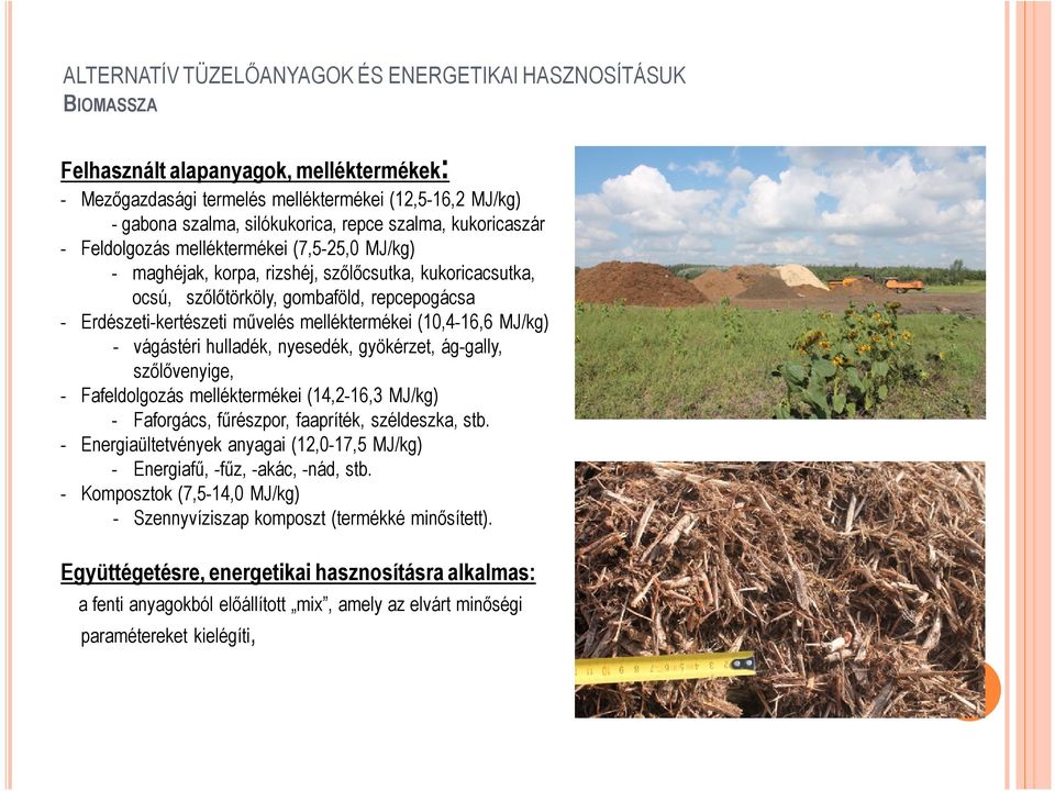 melléktermékei (10,4-16,6 MJ/kg) - vágástéri hulladék, nyesedék, gyökérzet, ág-gally, szőlővenyige, - Fafeldolgozás melléktermékei (14,2-16,3 MJ/kg) - Faforgács, fűrészpor, faapríték, széldeszka, stb.