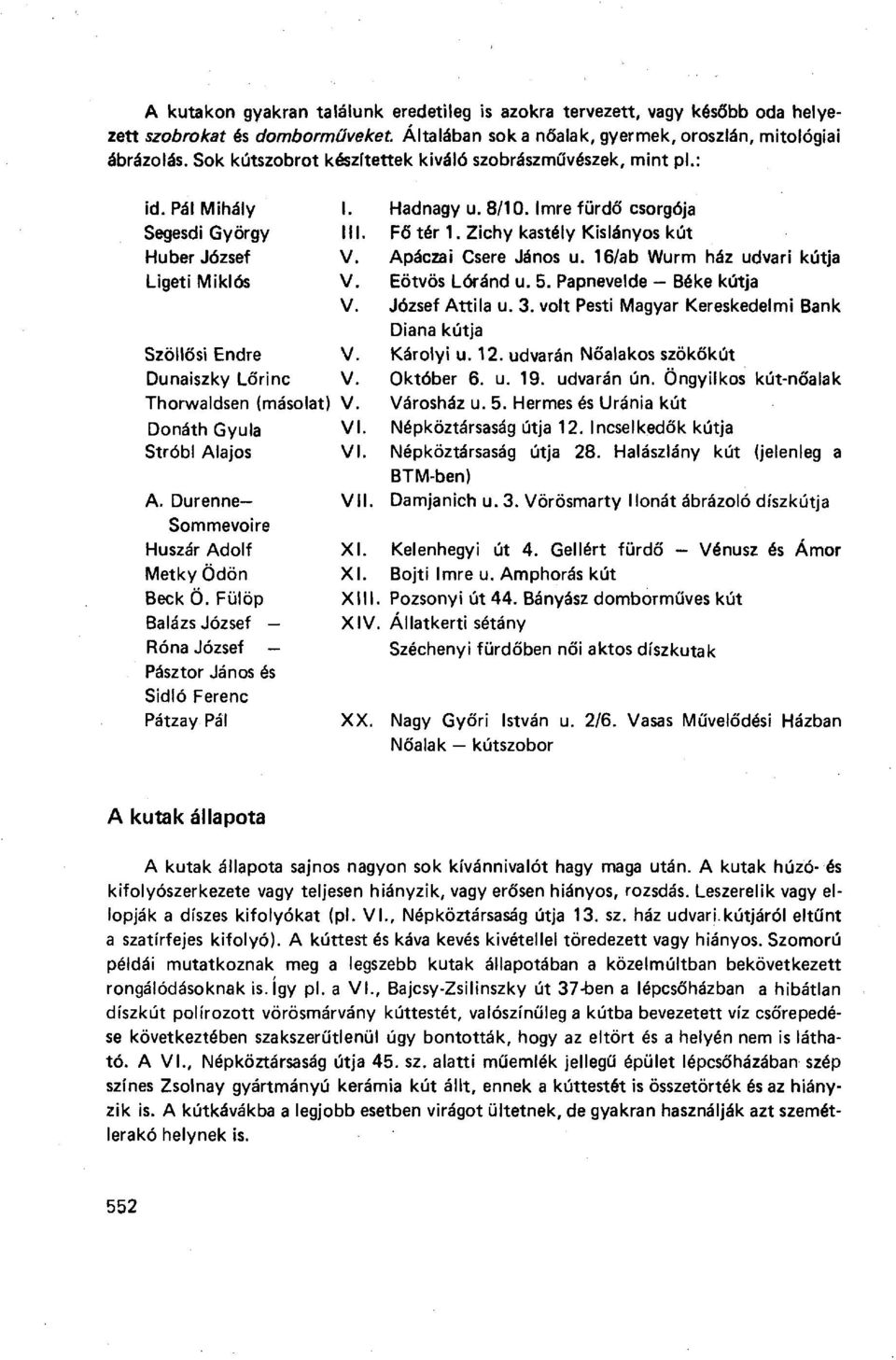 Donath Gyula VI. Stróbl Alajos VI. A. Durenne VII. Sommevoire Huszár Adolf XI. Metky Ödön XI. Beck Ö. Fülöp XIII Balázs József XIV Róna József Pásztor János és Sidló Ferenc Pátzay Pál XX. Hadnagy u.