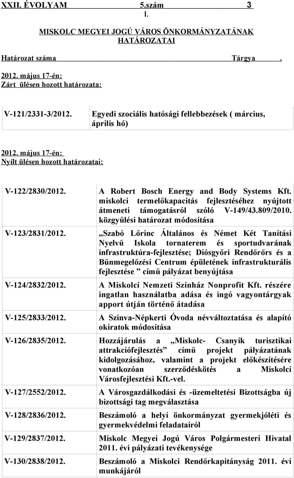 A Robert Bosch Energy and Body Systems Kft. miskolci termelőkapacitás fejlesztéséhez nyújtott átmeneti támogatásról szóló V-149/43.809/2010.