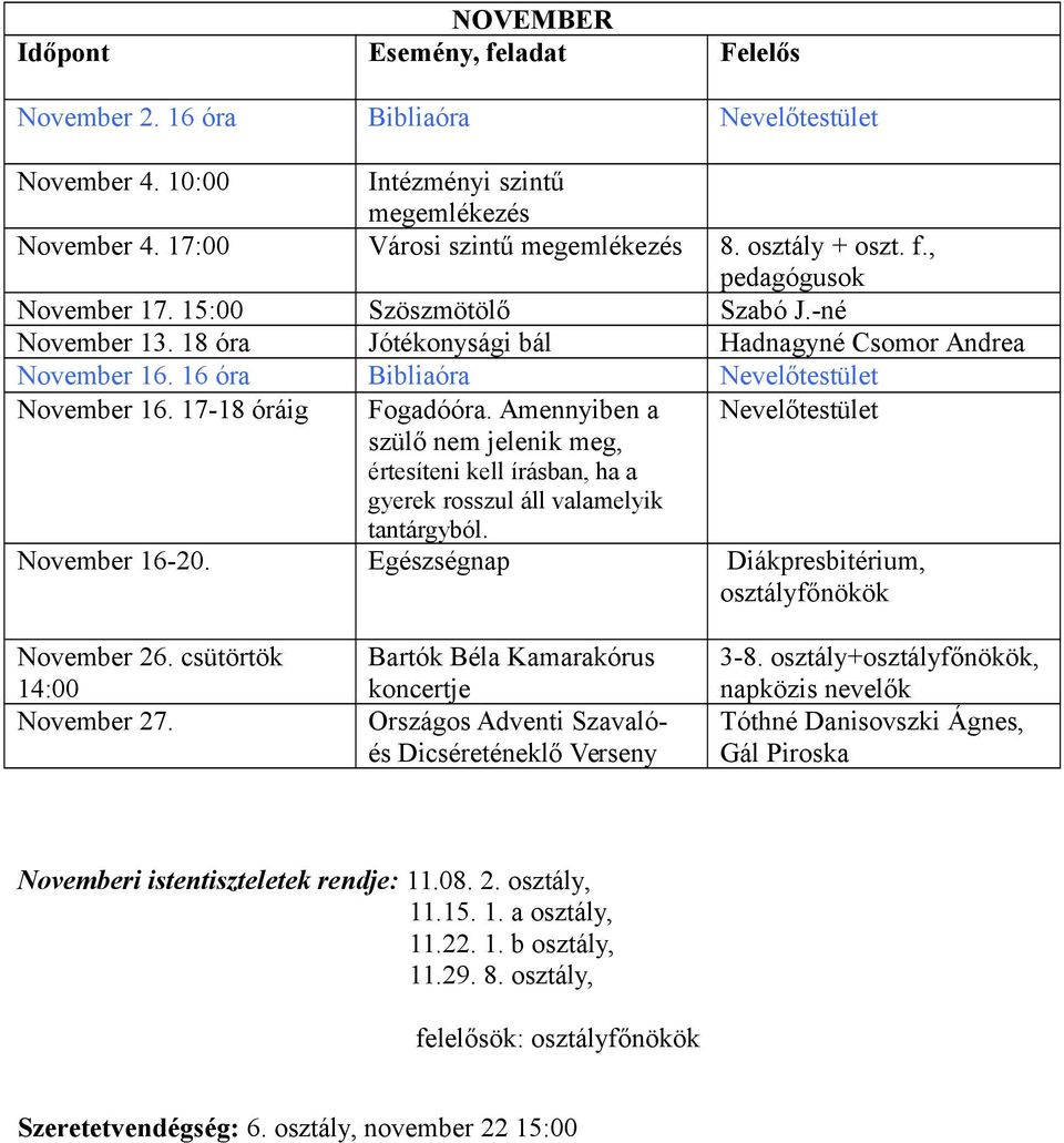 Amennyiben a Nevelőtestület szülő nem jelenik meg, értesíteni kell írásban, ha a gyerek rosszul áll valamelyik tantárgyból. November 16-20. Egészségnap Diákpresbitérium, osztályfőnökök November 26.