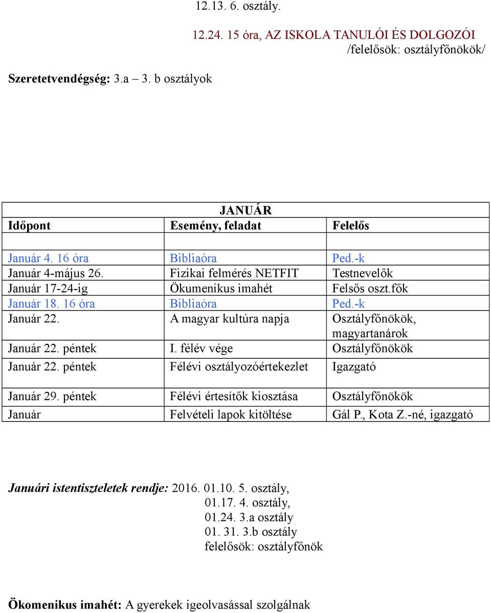 A magyar kultúra napja Osztályfőnökök, magyartanárok Január 22. péntek I. félév vége Osztályfőnökök Január 22. péntek Félévi osztályozóértekezlet Igazgató Január 29.