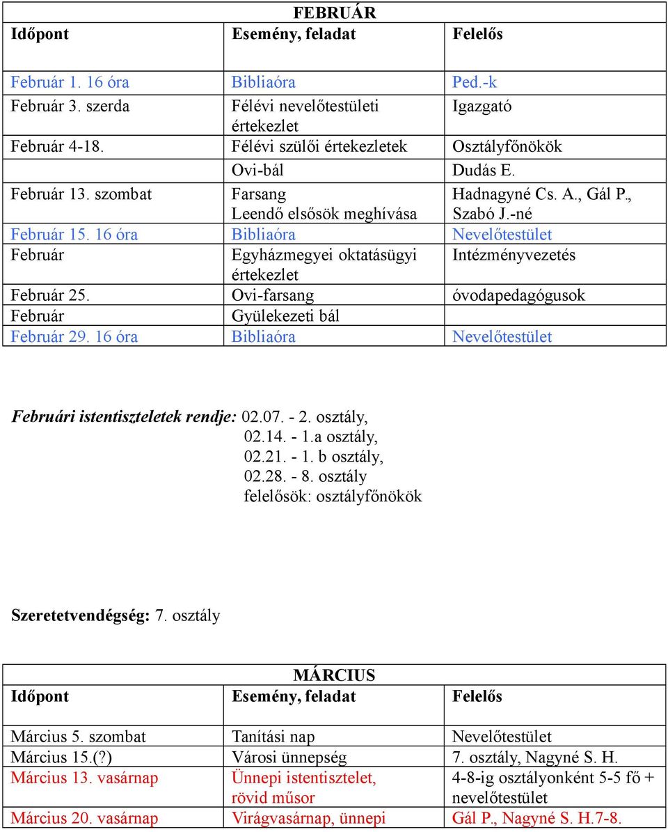 16 óra Bibliaóra Nevelőtestület Február Egyházmegyei oktatásügyi Intézményvezetés értekezlet Február 25. Ovi-farsang óvodapedagógusok Február Gyülekezeti bál Február 29.