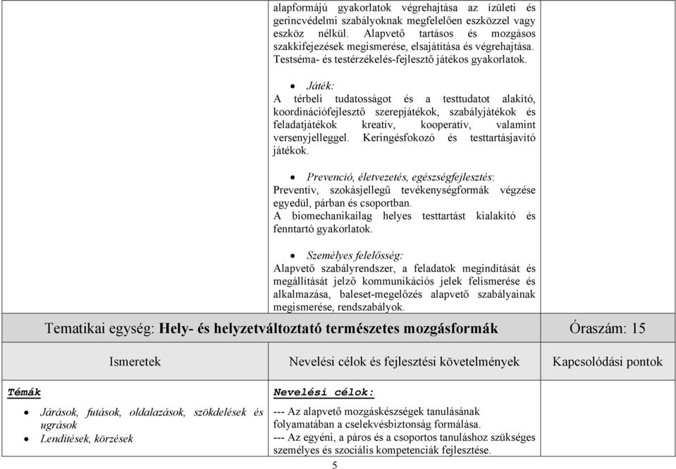 Játék: A térbeli tudatosságot és a testtudatot alakító, koordinációfejlesztő szerepjátékok, szabályjátékok és feladatjátékok kreatív, kooperatív, valamint versenyjelleggel.