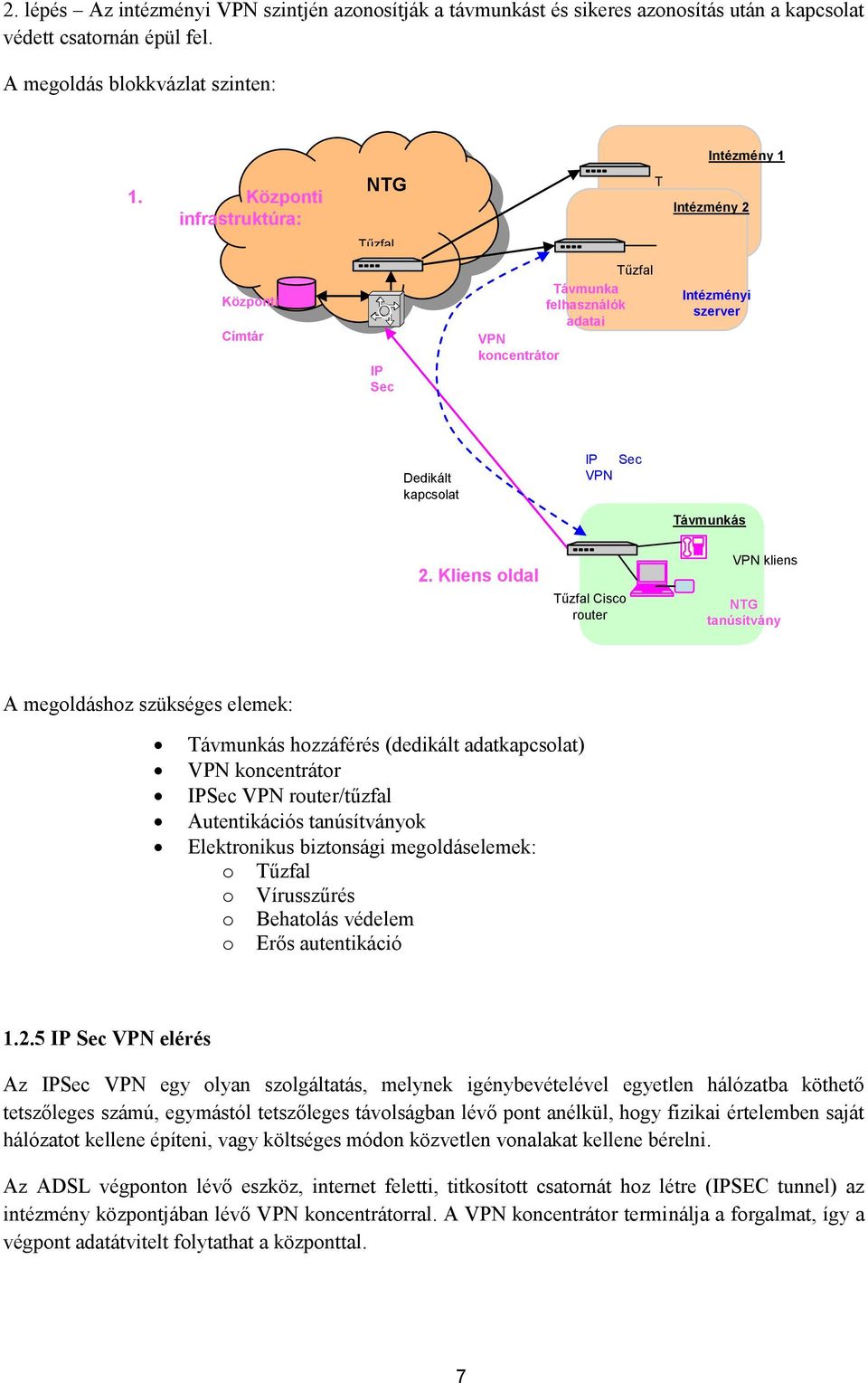 Kliens oldal infrastruktúra: IP Sec VPN csatorna Tűzfal Cisco router Intézmény 1 Intézmény 2 Intézményi szerver Távmunkás I P VPN kliens t e NTG l tanúsítvány.