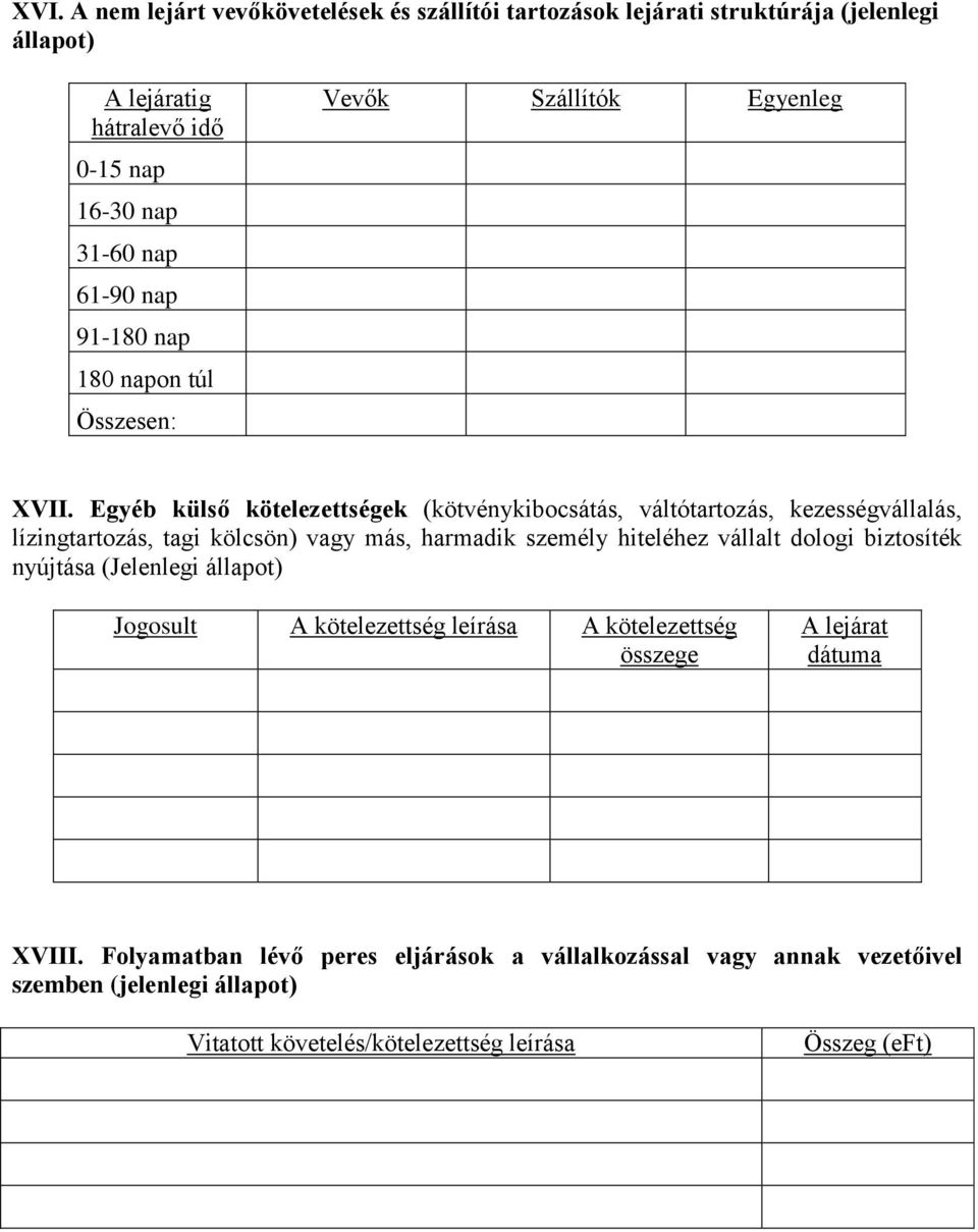 Egyéb külső kötelezettségek (kötvénykibocsátás, váltótartozás, kezességvállalás, lízingtartozás, tagi kölcsön) vagy más, harmadik személy hiteléhez vállalt dologi