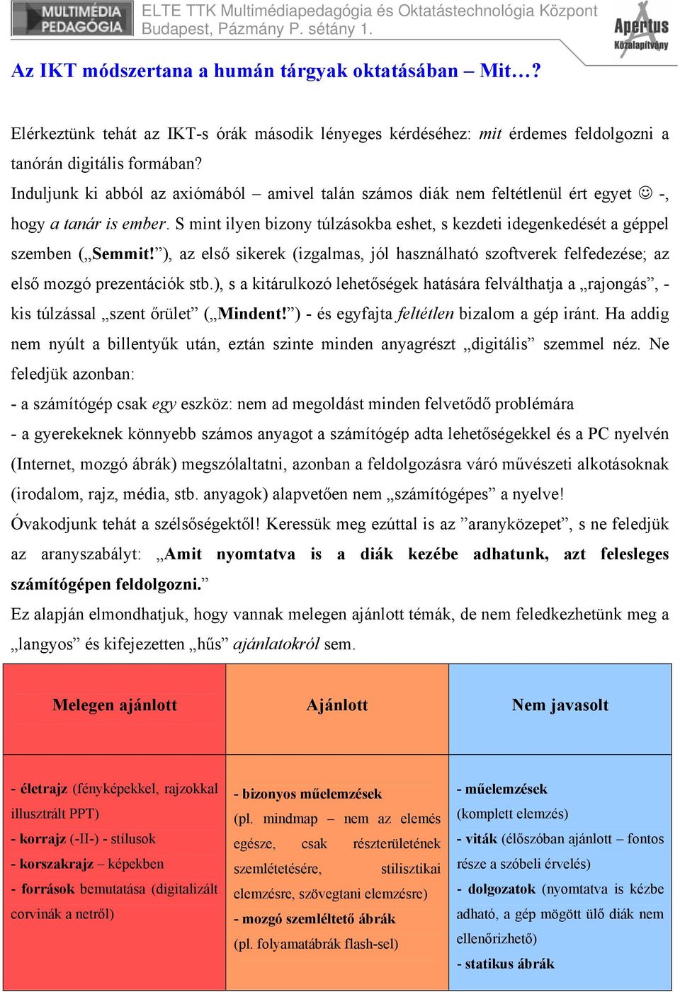 ), az első sikerek (izgalmas, jól használható szoftverek felfedezése; az első mozgó prezentációk stb.