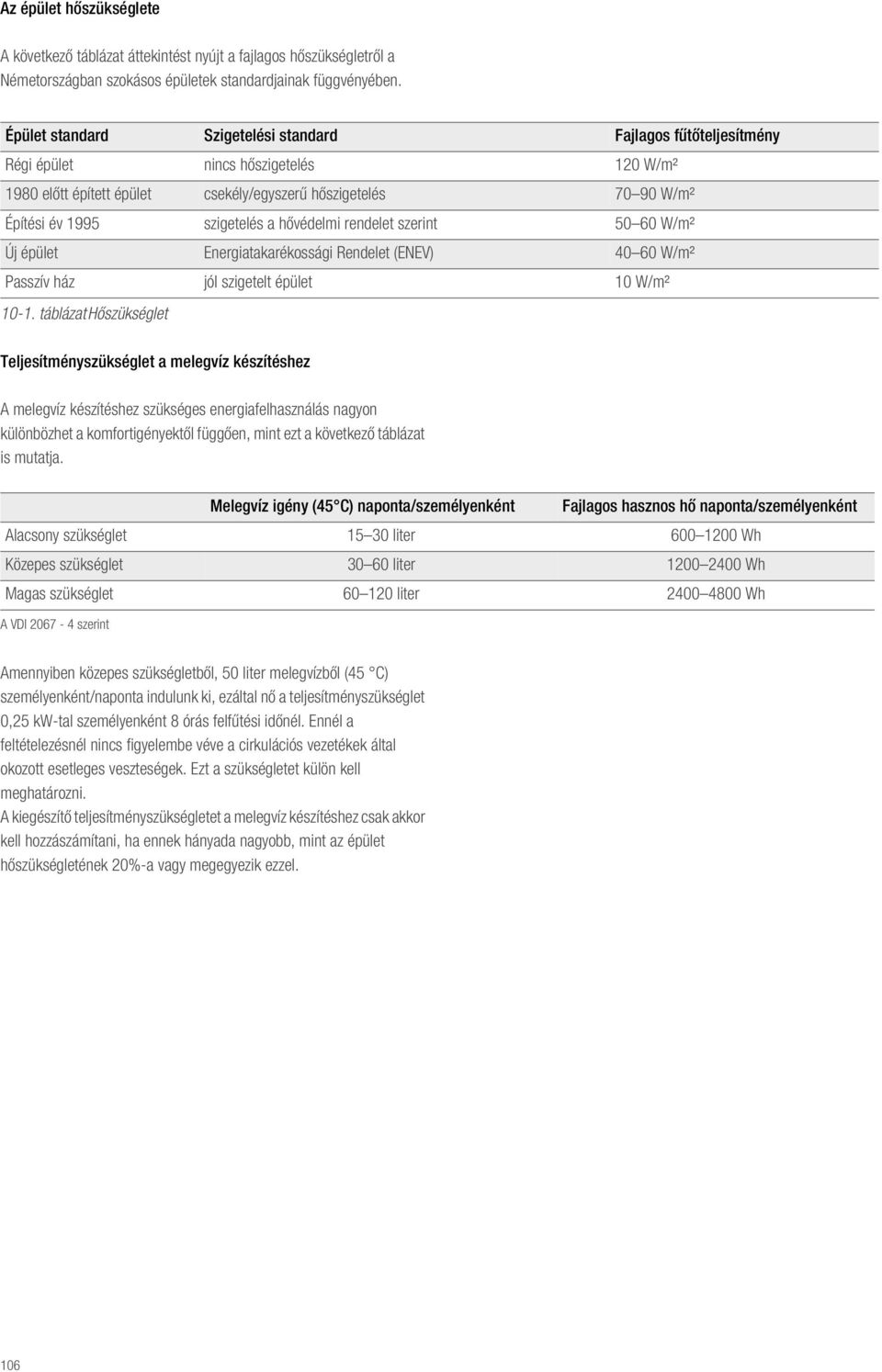 védelmi rendelet szerint 50 60 W/m² Új épület Energiatakarékossági Rendelet (ENEV) 40 60 W/m² Passzív ház jól szigetelt épület 10 W/m² 10-1.