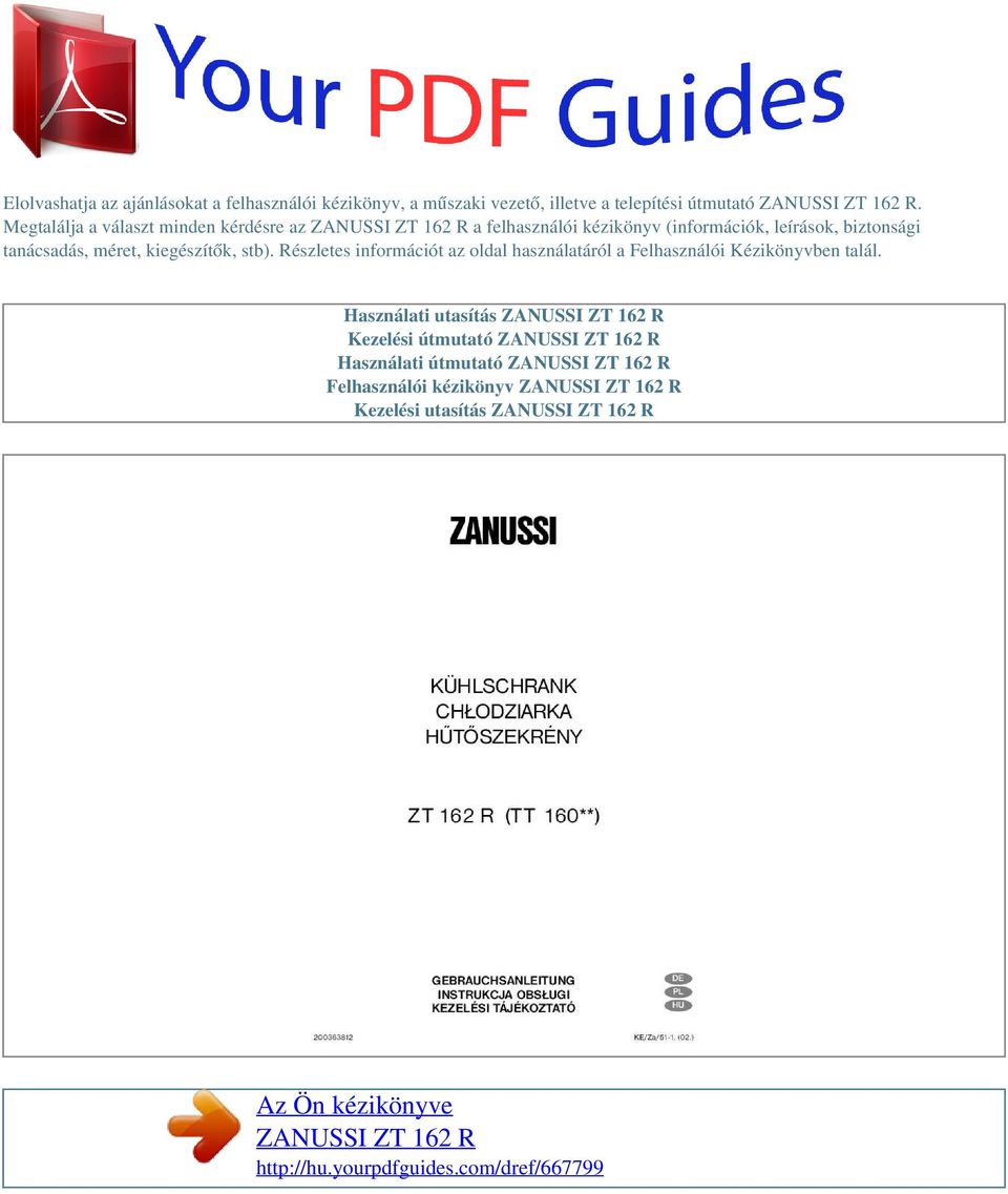 Az Ön kézikönyve ZANUSSI ZT 162 R - PDF Ingyenes letöltés