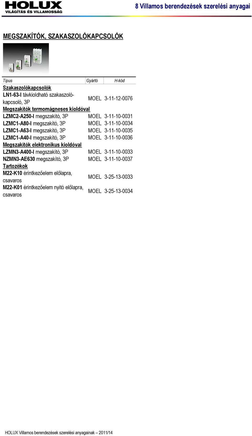 MOEL 3-11-10-0036 Megszakítók elektronikus kioldóval LZMN3-A400-I megszakító, 3P MOEL 3-11-10-0033 NZMN3-AE630 megszakító, 3P MOEL 3-11-10-0037 Tartozékok M22-K10