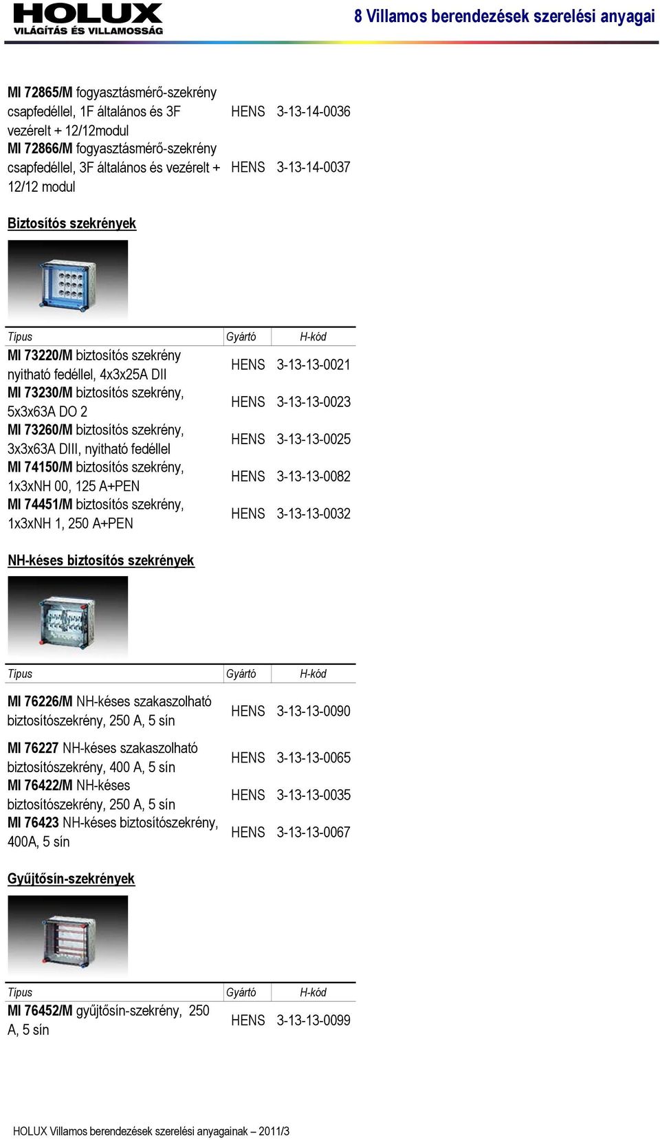 biztosítós szekrény, 3x3x63A DIII, nyitható fedéllel HENS 3-13-13-0025 MI 74150/M biztosítós szekrény, 1x3xNH 00, 125 A+PEN HENS 3-13-13-0082 MI 74451/M biztosítós szekrény, 1x3xNH 1, 250 A+PEN HENS
