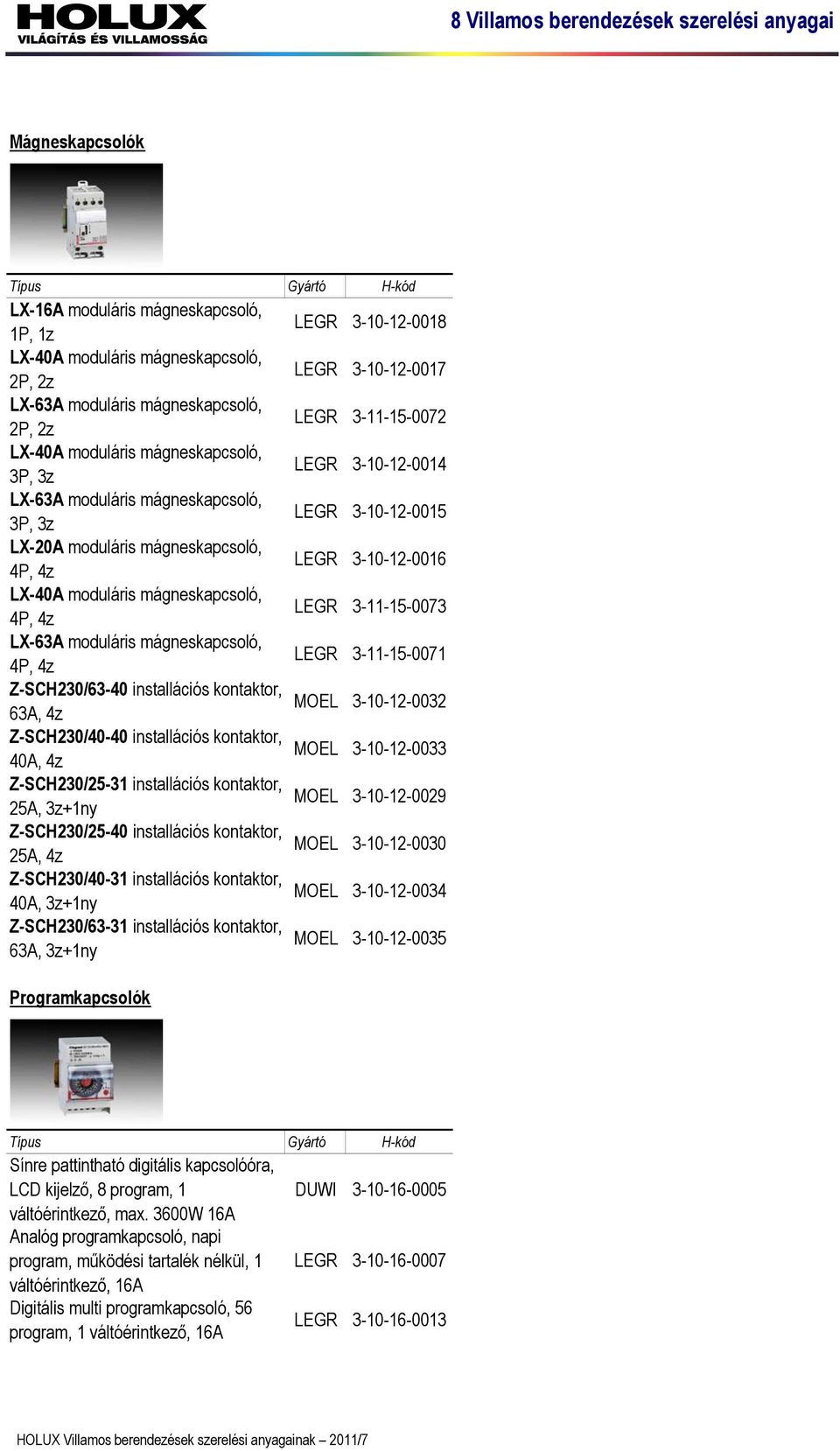 4P, 4z LEGR 3-11-15-0073 LX-63A moduláris mágneskapcsoló, 4P, 4z LEGR 3-11-15-0071 Z-SCH230/63-40 installációs kontaktor, 63A, 4z MOEL 3-10-12-0032 Z-SCH230/40-40 installációs kontaktor, 40A, 4z MOEL