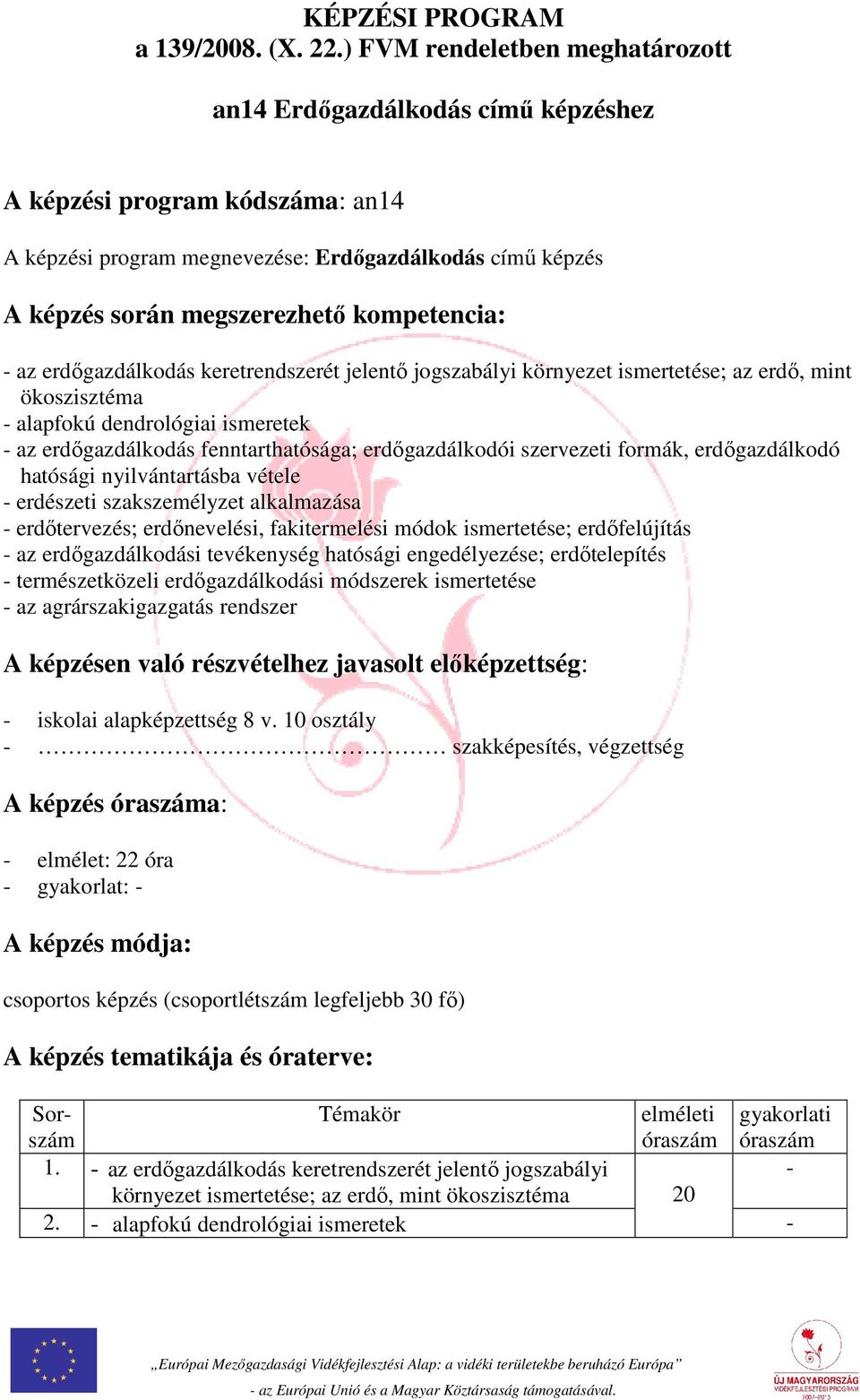 kompetencia: - az erdőgazdálkodás keretrendszerét jelentő jogszabályi környezet ismertetése; az erdő, mint ökoszisztéma - alapfokú dendrológiai ismeretek - az erdőgazdálkodás fenntarthatósága;