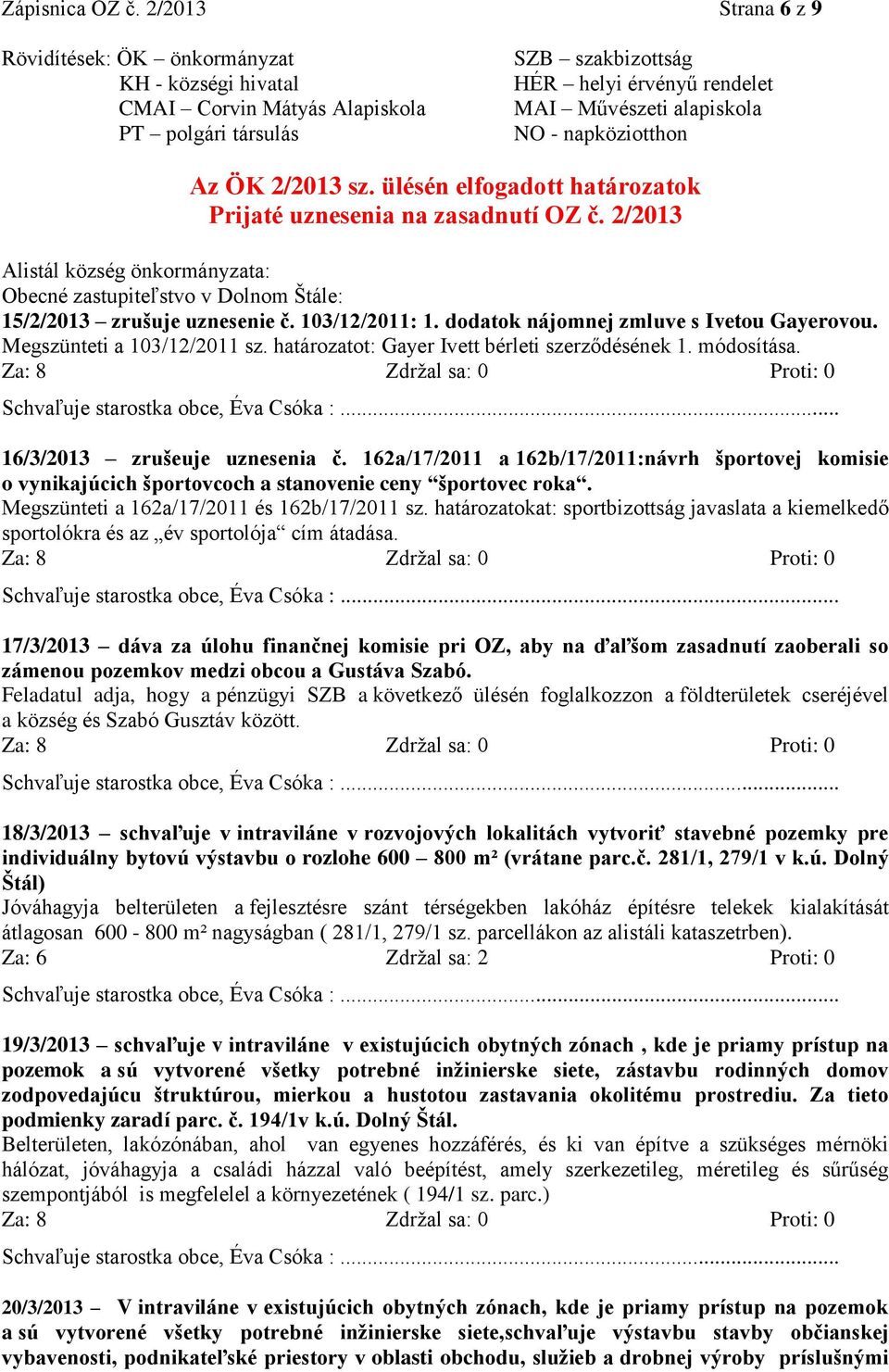 napköziotthon Az ÖK 2/2013 sz. ülésén elfogadott határozatok Prijaté uznesenia na zasadnutí OZ č.