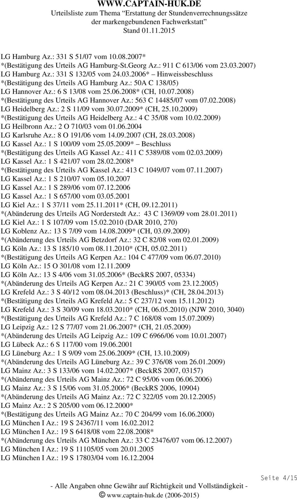 10.2009) *(Bestätigung des Urteils AG Heidelberg Az.: 4 C 35/08 vom 10.02.2009) LG Heilbronn Az.: 2 O 710/03 vom 01.06.2004 LG Karlsruhe Az.: 8 O 191/06 vom 14.09.2007 (CH, 28.03.2008) LG Kassel Az.