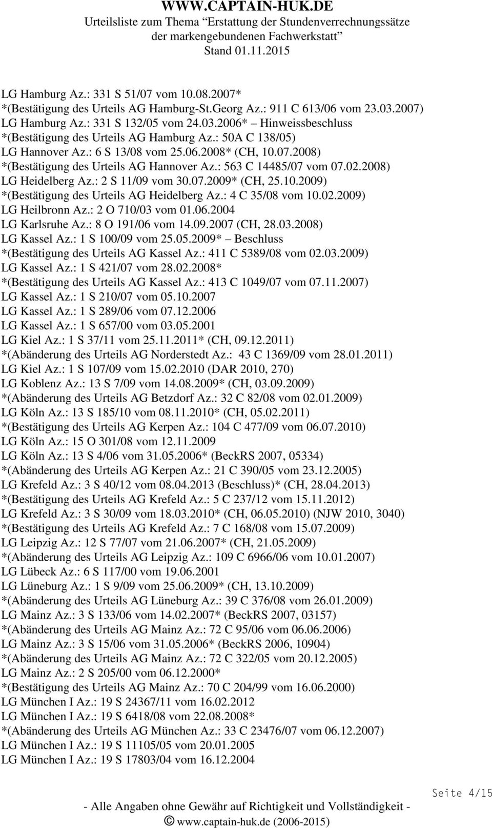 10.2009) *(Bestätigung des Urteils AG Heidelberg Az.: 4 C 35/08 vom 10.02.2009) LG Heilbronn Az.: 2 O 710/03 vom 01.06.2004 LG Karlsruhe Az.: 8 O 191/06 vom 14.09.2007 (CH, 28.03.2008) LG Kassel Az.