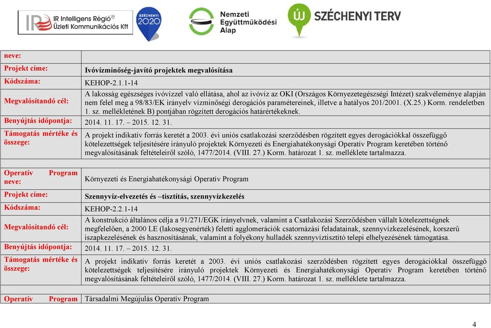 paramétereinek, illetve a hatályos 201/2001. (X.25.) Korm. rendeletben 1. sz. mellékletének B) pontjában rögzített derogációs határértékeknek. Benyújtás időpontja: 2014. 11. 17. 2015. 12. 31.