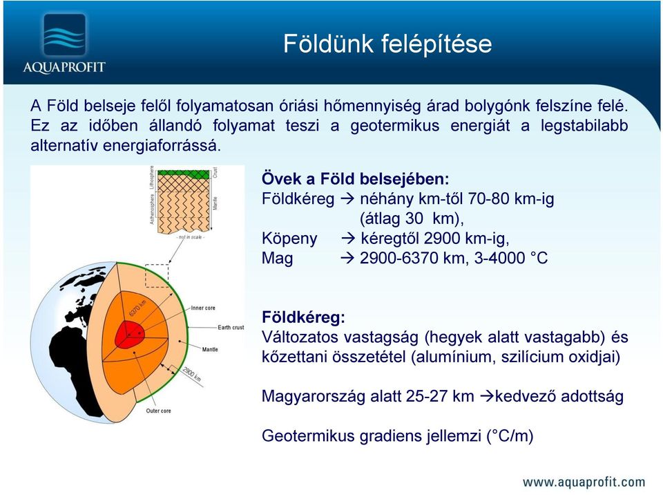 Övek a Föld belsejében: Földkéreg néhány km-től 70-80 km-ig (átlag 30 km), Köpeny kéregtől 2900 km-ig, Mag 2900-6370 km, 3-4000 C