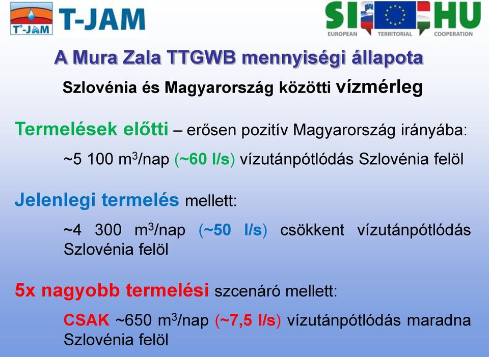 Jelenlegi termelés mellett: ~4 300 m 3 /nap (~50 l/s) csökkent vízutánpótlódás Szlovénia felöl 5x