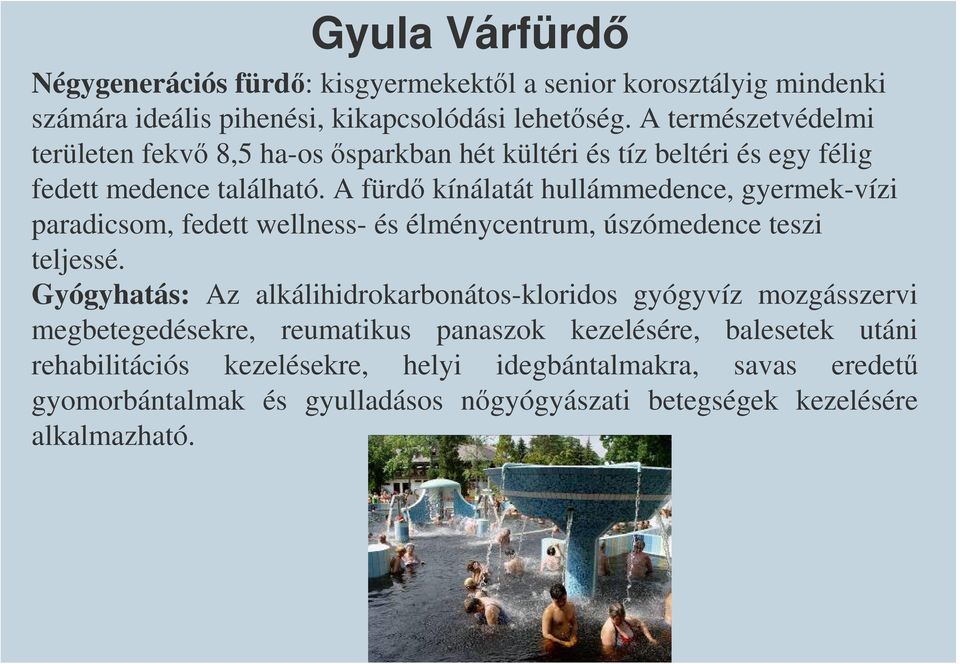 A fürdő kínálatát hullámmedence, gyermek-vízi paradicsom, fedett wellness- és élménycentrum, úszómedence teszi teljessé.