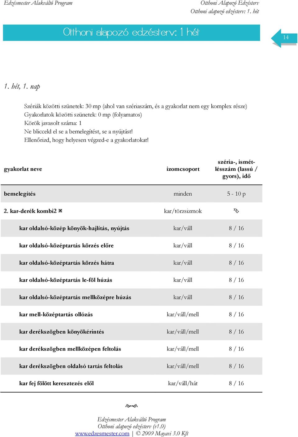 oldalsó-középtartás körzés hátra kar/váll 8 / 16 kar oldalsó-középtartás le-föl húzás kar/váll 8 / 16 kar oldalsó-középtartás mellközépre húzás kar/váll 8 / 16 kar