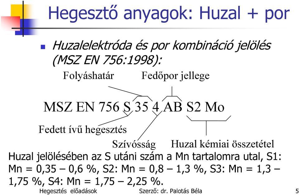 kémiai összetétel Huzal jelölésében az S utáni szám a Mn tartalomra utal, S1: Mn = 0,35 0,6 %,