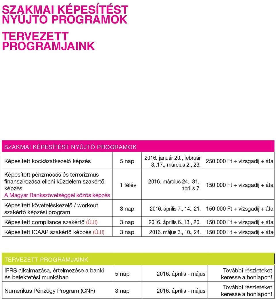 , április 7. 150 000 Ft + vizsgadíj + áfa 3 nap 2016. április 7., 14., 21. 150 000 Ft + vizsgadíj + áfa Képesített compliance szakértő (ÚJ!) 3 nap 2016. április 6.,13., 20.