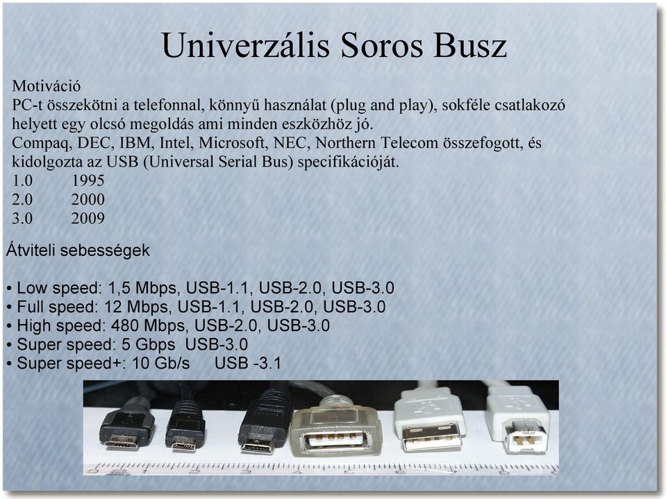 Compaq, DEC, IBM, Intel, Microsoft, NEC, Northern Telecom összefogott, és kidolgozta az USB (Universal Serial Bus) specifikációját. 1.