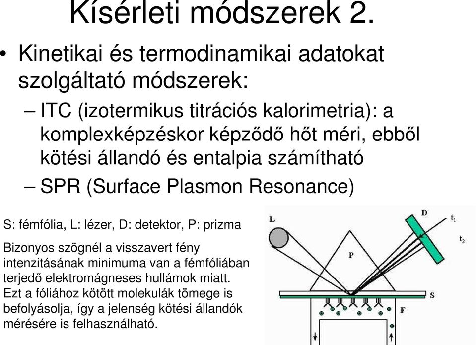 hıt méri, ebbıl kötési állandó és entalpia számítható SPR (Surface Plasmon Resonance) S: fémfólia, L: lézer, D: detektor, P: