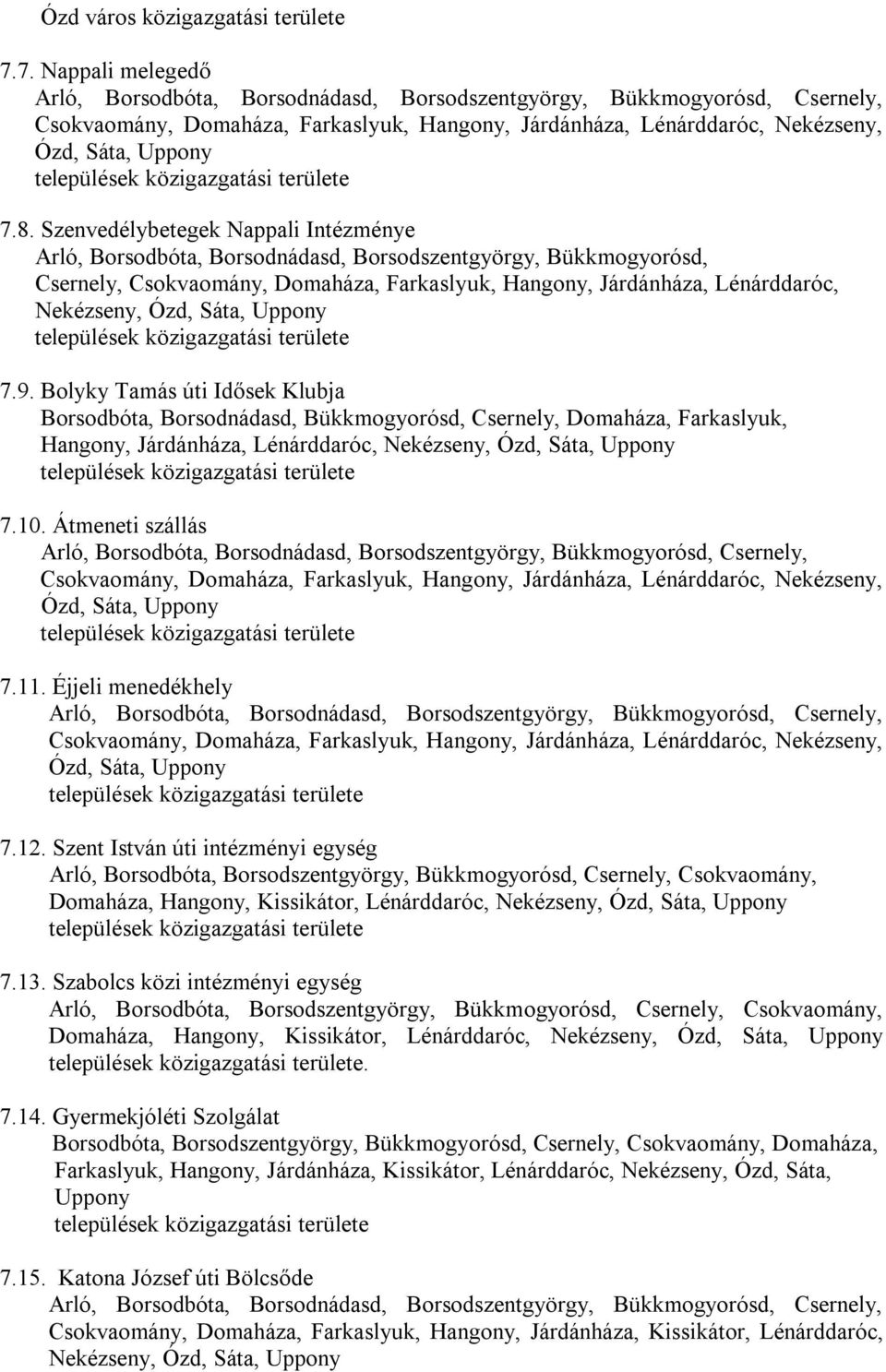 Szenvedélybetegek Nappali Intézménye Arló, Borsodbóta, Borsodnádasd, Borsodszentgyörgy, Bükkmogyorósd, Csernely, Csokvaomány, Domaháza, Farkaslyuk, Hangony, Járdánháza, Lénárddaróc, Nekézseny, Ózd,