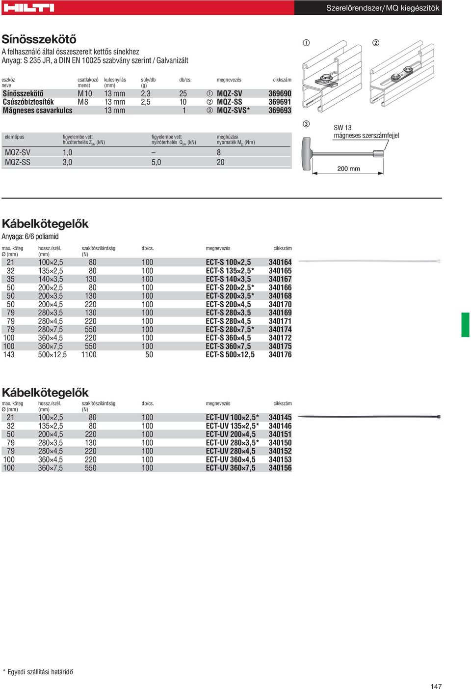 vett figyelembe vett meghúzási húzóterhelés Z jav (kn) nyíróterhelés Q jav (kn) nyomaték M D (Nm) MQZ-SV 1,0 8 MQZ-SS 3,0 5,0 20 c SW 13 mágneses szerszámfejjel Anyaga: 6/6 poliamid max. köteg hossz.