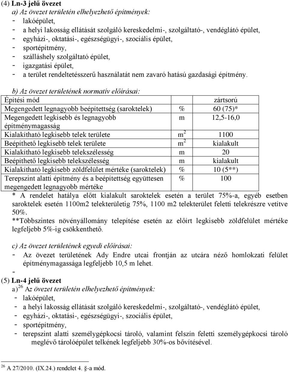 zártsorú Megengedett legnagyobb beépítettség (saroktelek) % 60 (75)* m 12,5-16,0 Kialakítható legkisebb telek területe m 2 1100 Beépíthető legkisebb telek területe m 2 kialakult Kialakítható