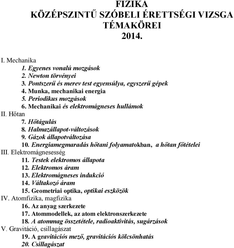 Energiamegmaradás hőtani folyamatokban, a hőtan főtételei III. Elektromágnesesség 11. Testek elektromos állapota 12. Elektromos áram 13. Elektromágneses indukció 14. Váltakozó áram 15.