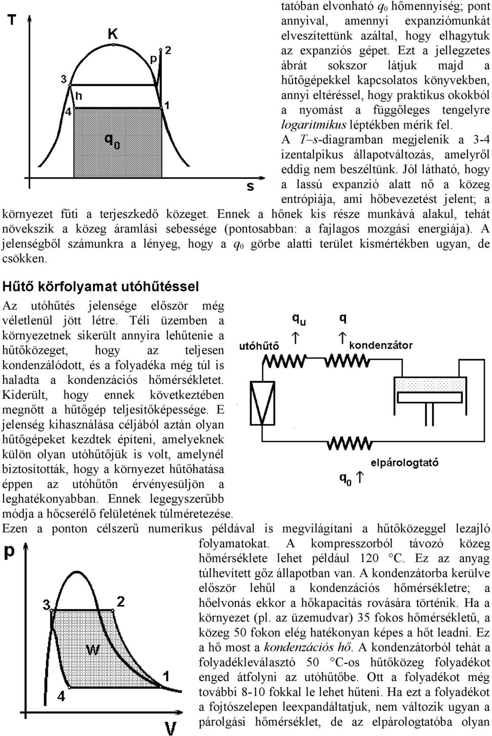 A T s-diagramban megjelenik a 3-4 izentalpikus állapotváltozás, amelyről eddig nem beszéltünk.