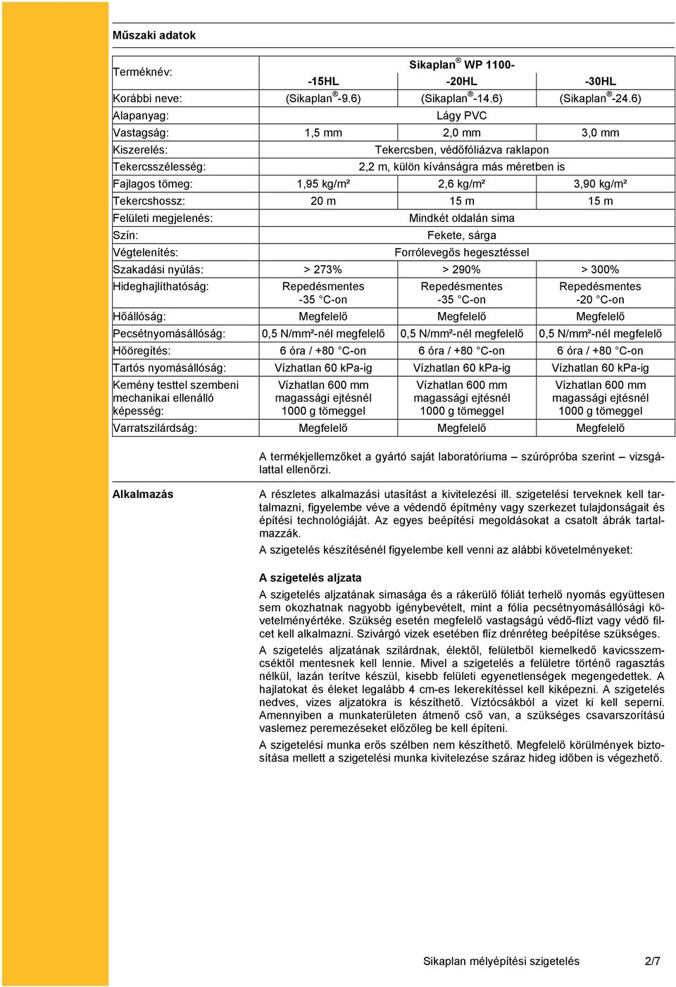 3,90 kg/m² Tekercshossz: 20 m 15 m 15 m Felületi megjelenés: Szín: Végtelenítés: Mindkét oldalán sima Fekete, sárga Forrólevegős hegesztéssel Szakadási nyúlás: > 273% > 290% > 300%