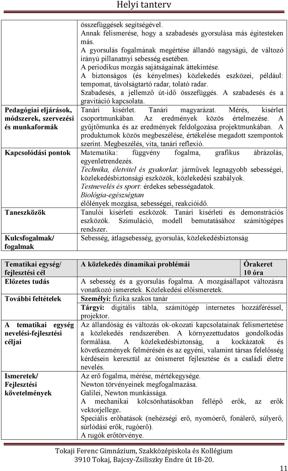 A biztonságos (és kényelmes) közlekedés eszközei, például: tempomat, távolságtartó radar, tolató radar. Szabadesés, a jellemző út-idő összefüggés. A szabadesés és a gravitáció kapcsolata.