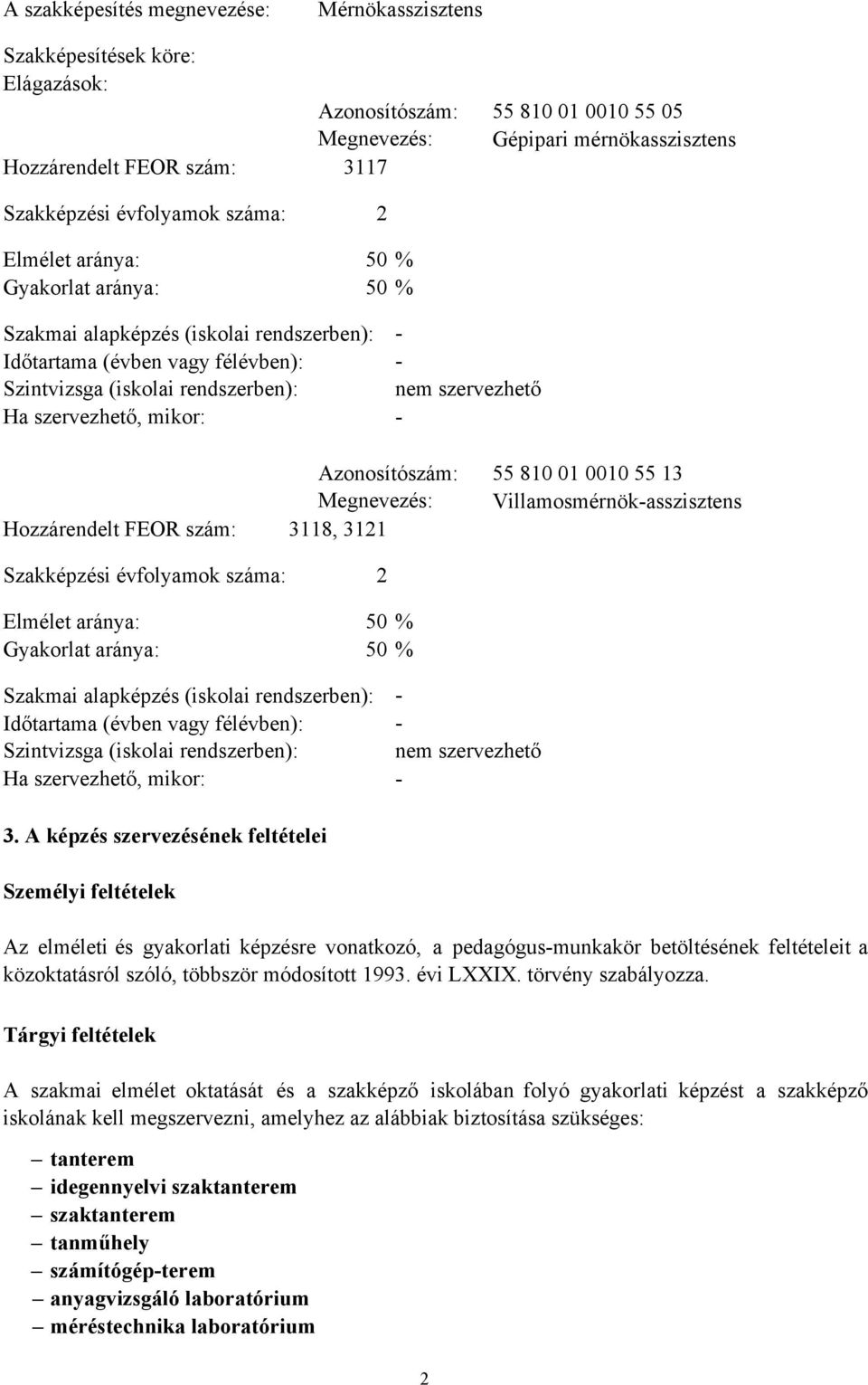 szervezhető, mikor: Azonosítószám: Megnevezés: 55 810 01 0010 55 13 Villamosmérnökasszisztens Hozzárendelt FEOR szám: 3118, 3121 Szakképzési  szervezhető, mikor: 3.