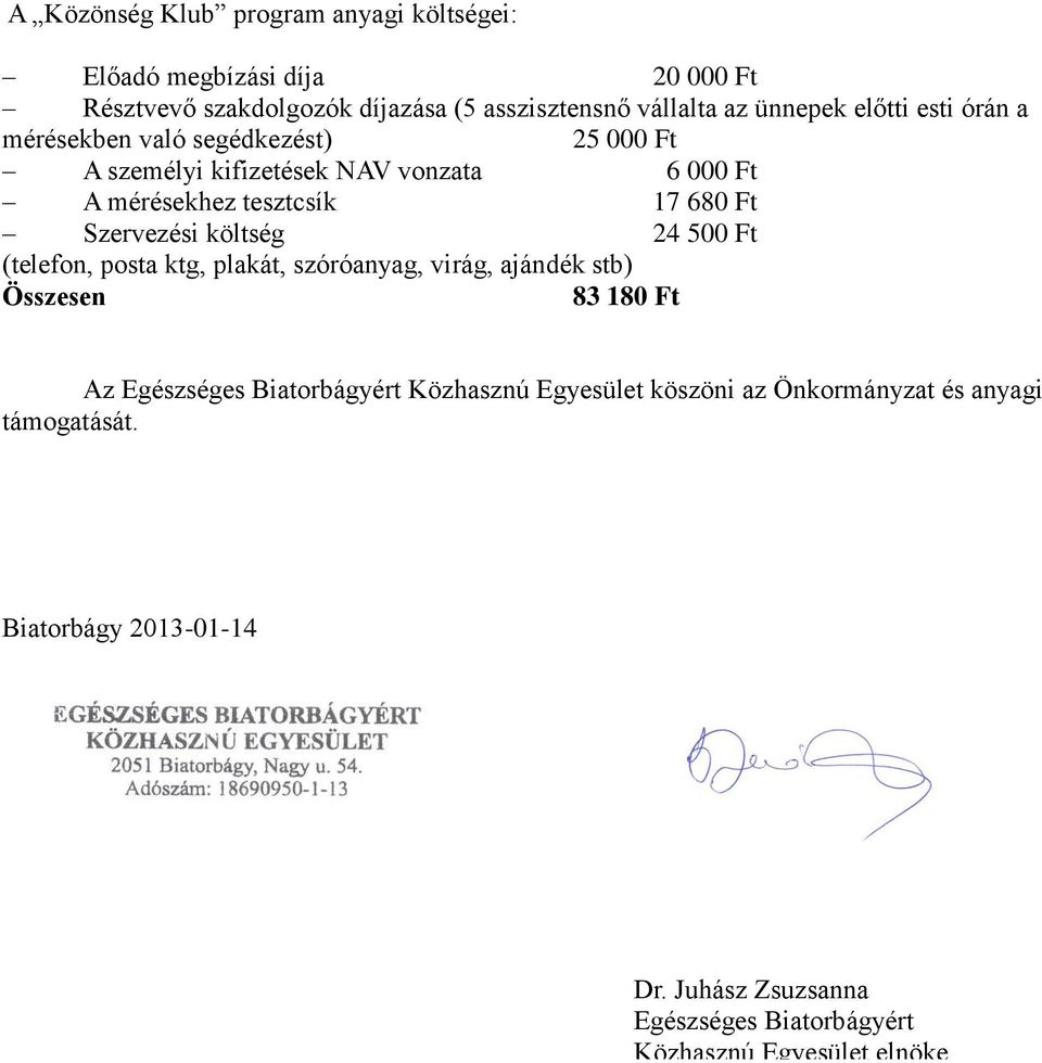 Szervezési költség 24 500 Ft (telefon, posta ktg, plakát, szóróanyag, virág, ajándék stb) Összesen 83 180 Ft Az Egészséges Biatorbágyért