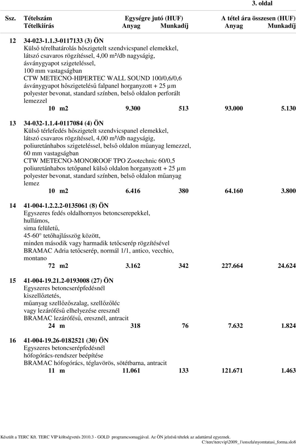 1.3-0117133 (3) ÖN Külső térelhatárolás hőszigetelt szendvicspanel elemekkel, látszó csavaros rögzítéssel, 4,00 m²/db nagyságig, ásványgyapot szigeteléssel, 100 mm vastagságban CTW METECNO-HIPERTEC