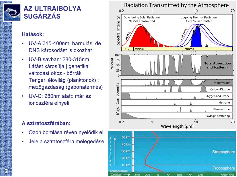 élővilág (planktonok) ; mezőgazdaság (gabonatermés) UV-C: 280nm alatt: már az