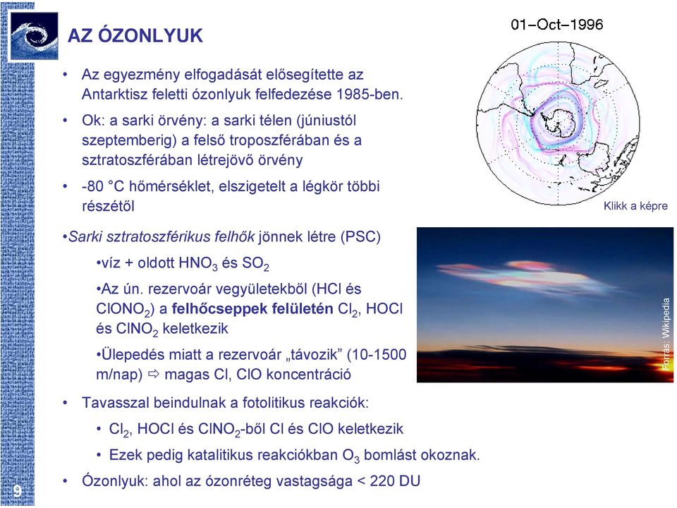 Sarki sztratoszférikus felhők jönnek létre (PSC) víz + oldott HNO 3 és SO 2 Az ún.