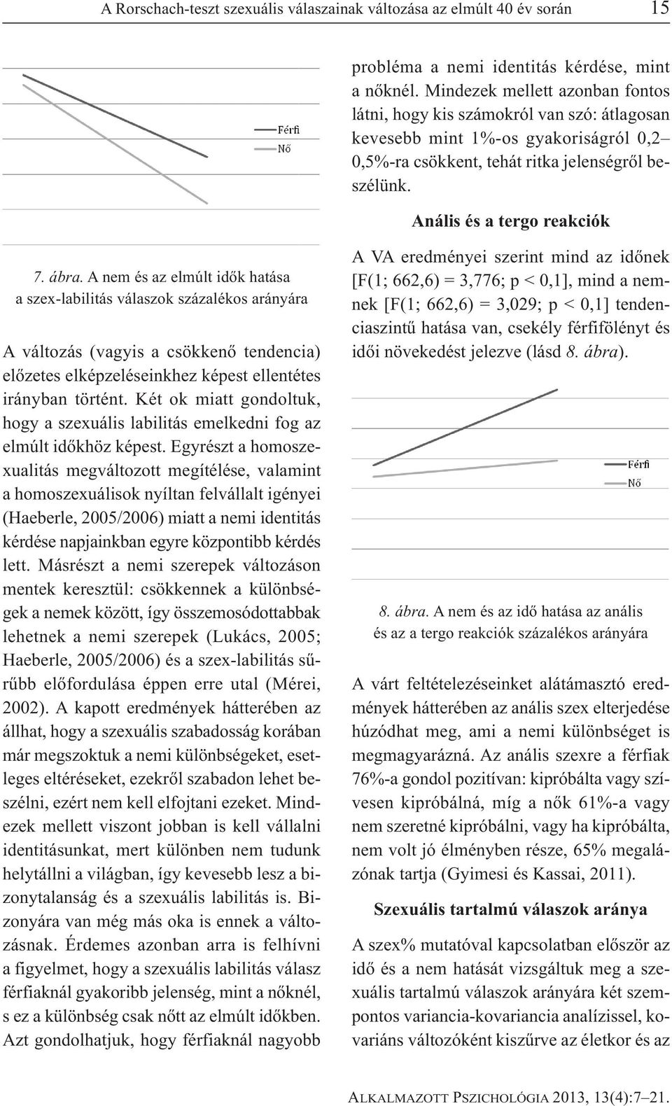 ábra. A nem és az elmúlt idők hatása a szex-labilitás válaszok százalékos arányára A változás (vagyis a csökkenő tendencia) előzetes elképzeléseinkhez képest ellentétes irányban történt.