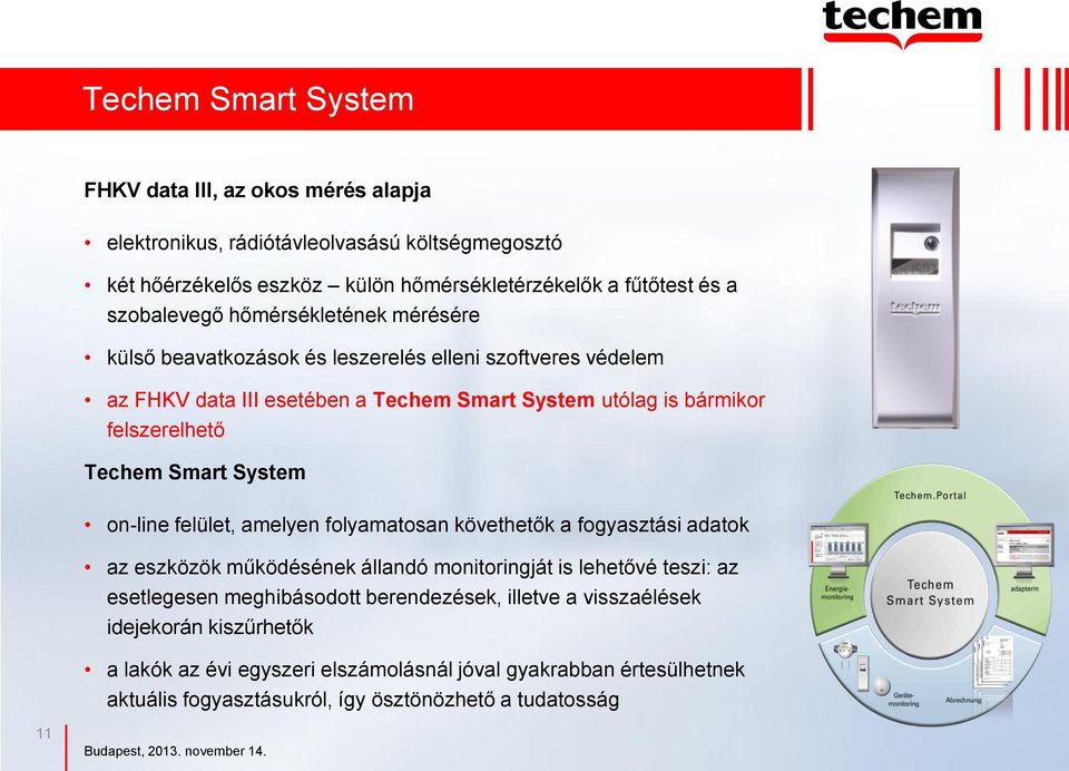 Techem Smart System on-line felület, amelyen folyamatosan követhetők a fogyasztási adatok az eszközök működésének állandó monitoringját is lehetővé teszi: az esetlegesen