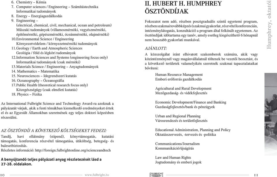 Environmental Science / Engineering Környezetvédelem / környezetmérnöki tudományok 11. Geology / Earth and Atmospheric Sciences Geológia / föld és légköri tudományok 12.